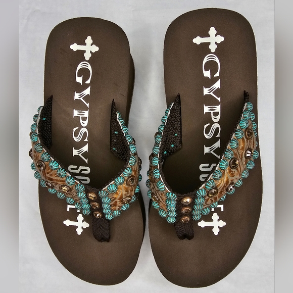 GYPSY SOULE Brown Flip-flops Turquois Copper Crystal Rhinestone Metallic size 8 - Picture 3 of 11